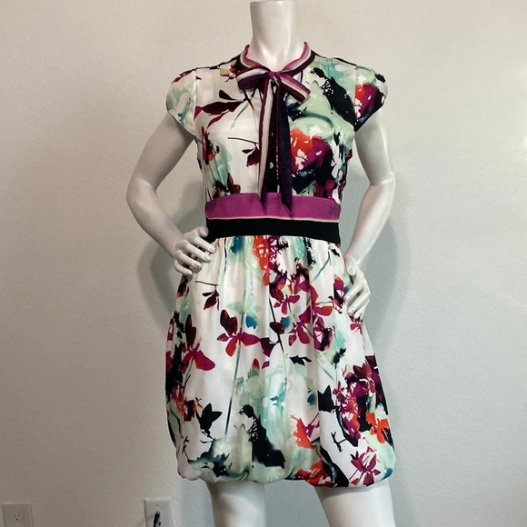 RACHEL Rachel Roy Multicolor Floral Bubble Hem Pocket Tie Front Mini Dress Sz 8 - Picture 1 of 6